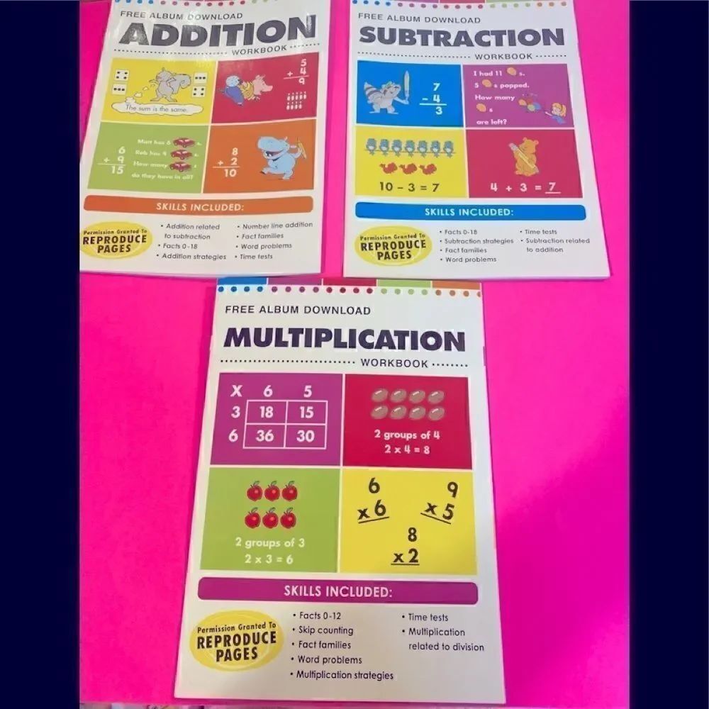🎁Crownjewlz Kidz Addition, Subtraction , Multiplication Workbook🔴🟣🔵